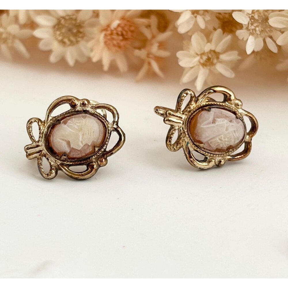 Natural Cameo & Marcasite Gold Filled Victorian Vintage Screw Back Stud Earrings